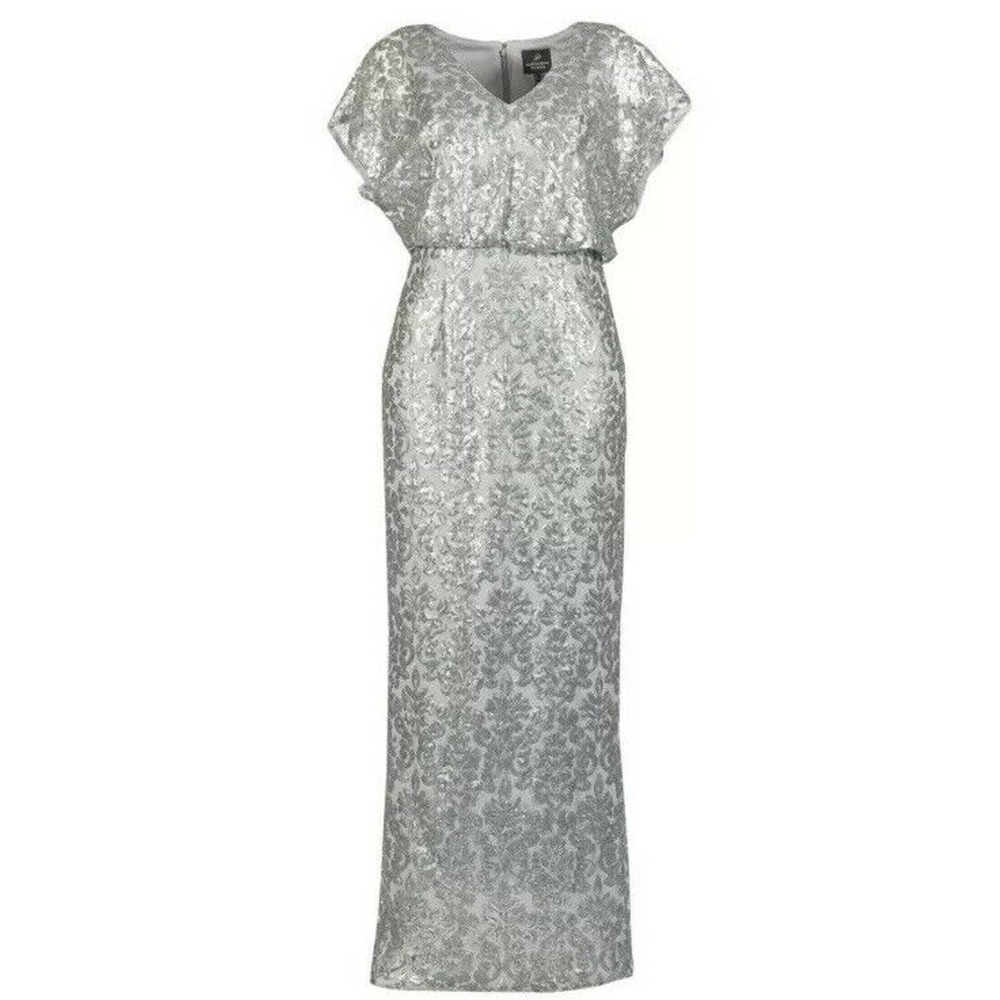 NWT Adrianna Papell silver sequin blouson gown